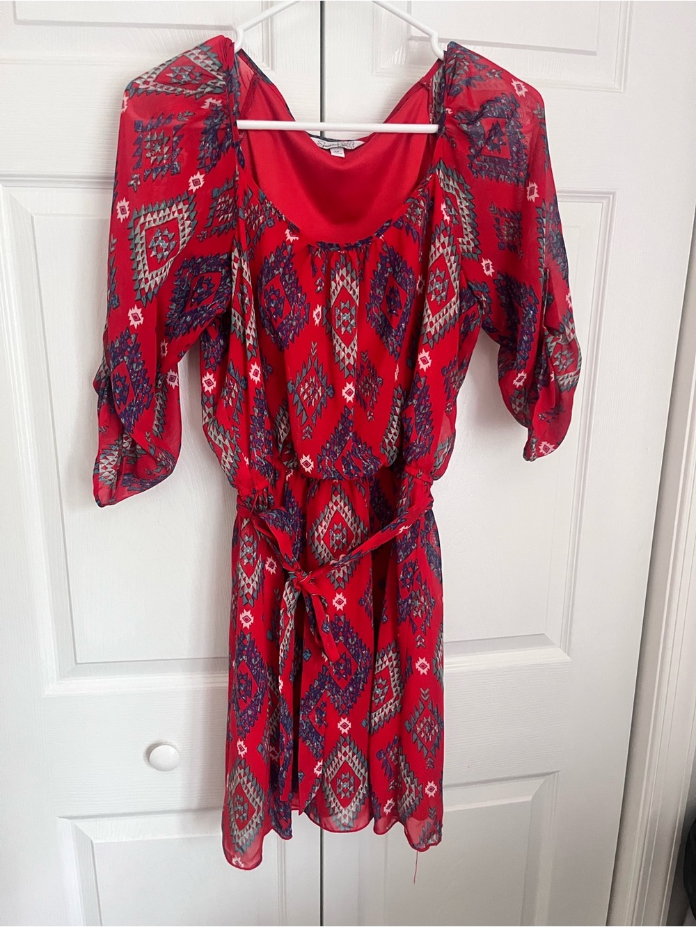 Red Printed Short Sleeve Tie-Waist Dress